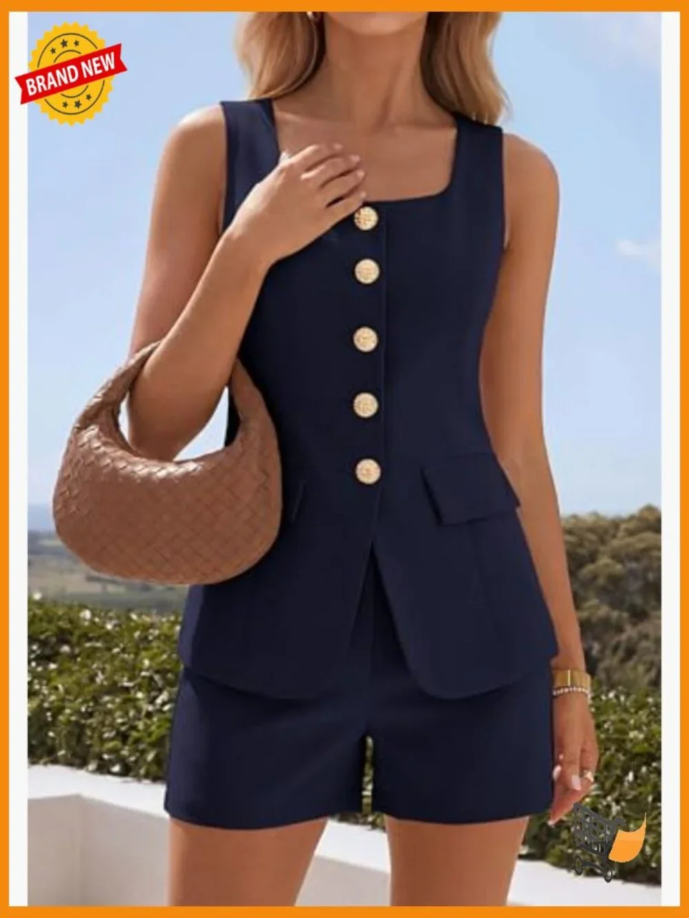 Matching Two Piece Set Vest Top and Shorts Summer Outfits Sleeveless Square Neck